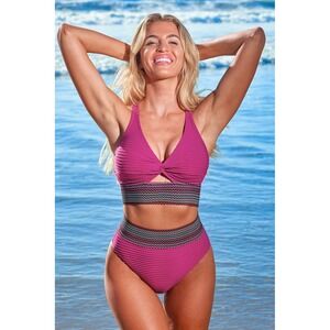 Cupshe Magenta Ribbed Twist Front High Waisted Bikini Set Medium